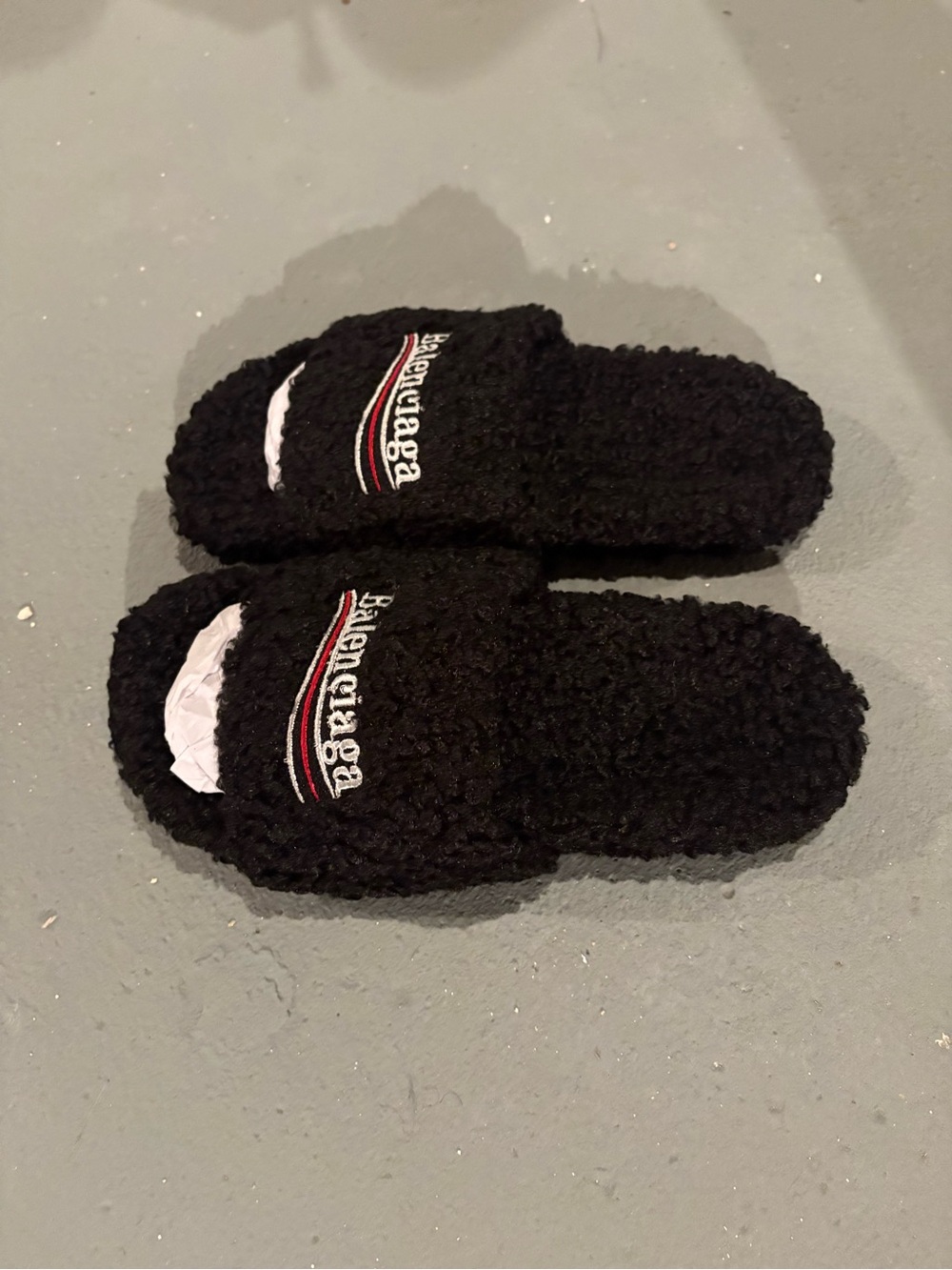 Balenciaga Black Sherpa Logo Slide Sandals with Red & White Accent - Picture 3 of 6